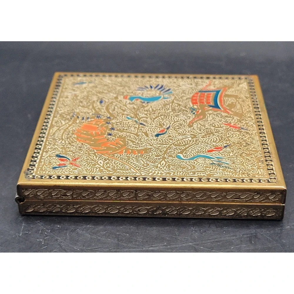 Vtg Volupte Compact Persian Brass Tiger Crane Phoenix Birds Enamel Deco Retro